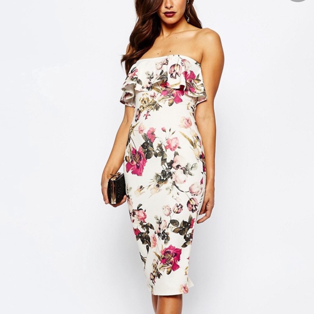 NWT ASOS Ruffled Floral Strapless Midi Dress